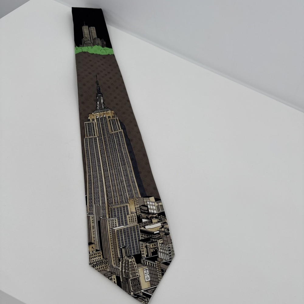 NYC Men Tie Twin Towers Empire State‎ Building Black Brown Florence Silk Co. VTG